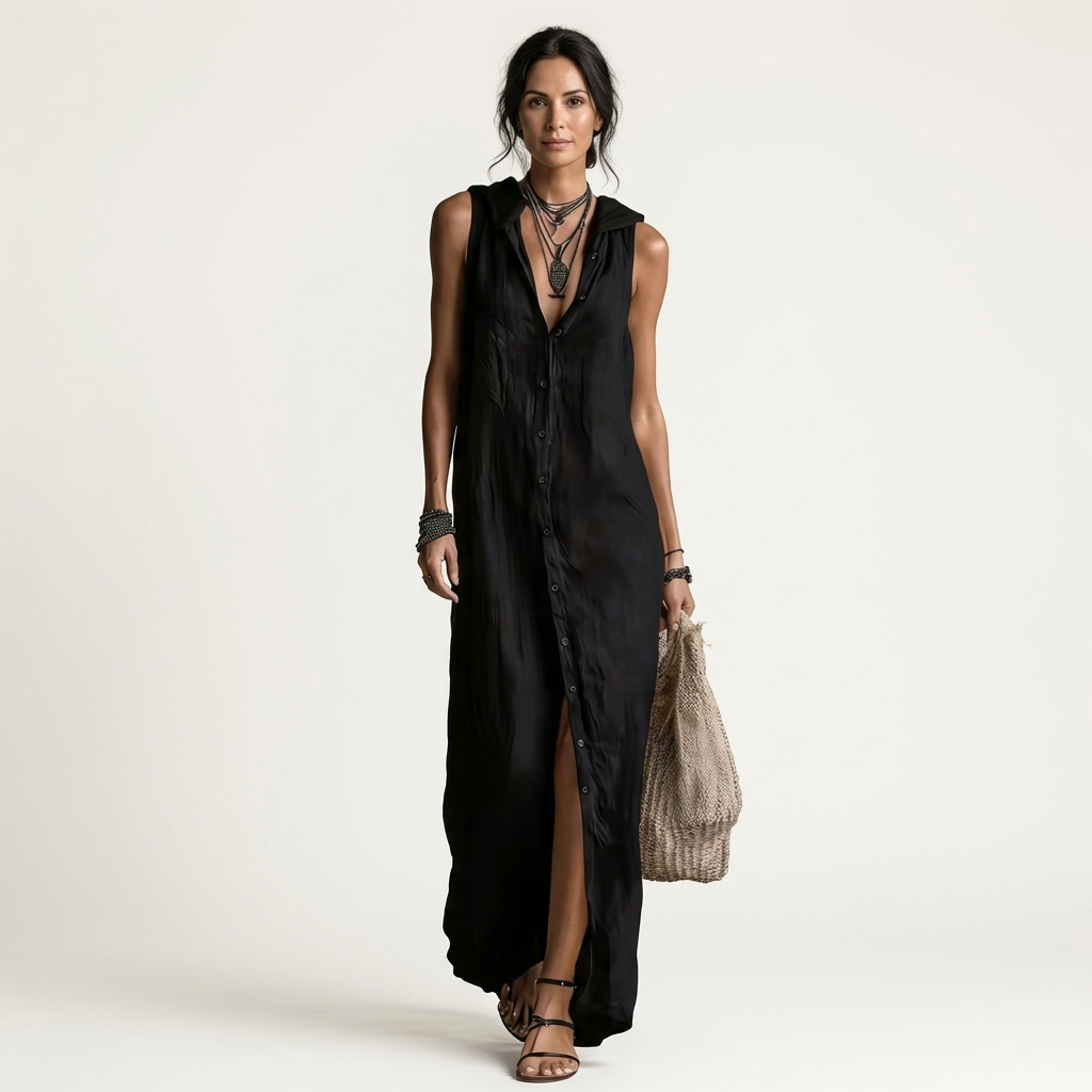 Mirabell | Vestito maxi in lino senza maniche con cappuccio e bottoni frontali