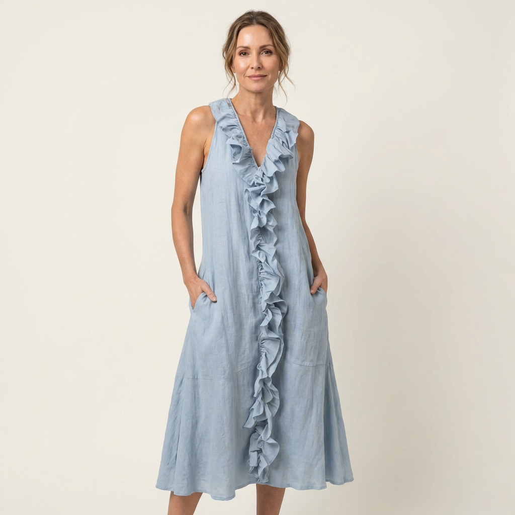 Vicky | Vestito lungo in lino con volant sul davanti, scollo a V, senza maniche