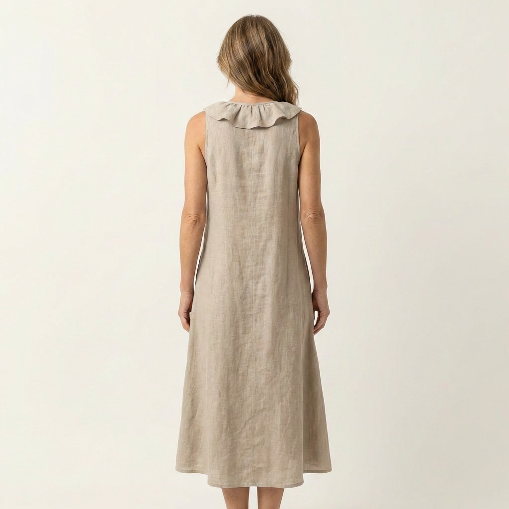 Vicky | Vestito lungo in lino con volant sul davanti, scollo a V, senza maniche