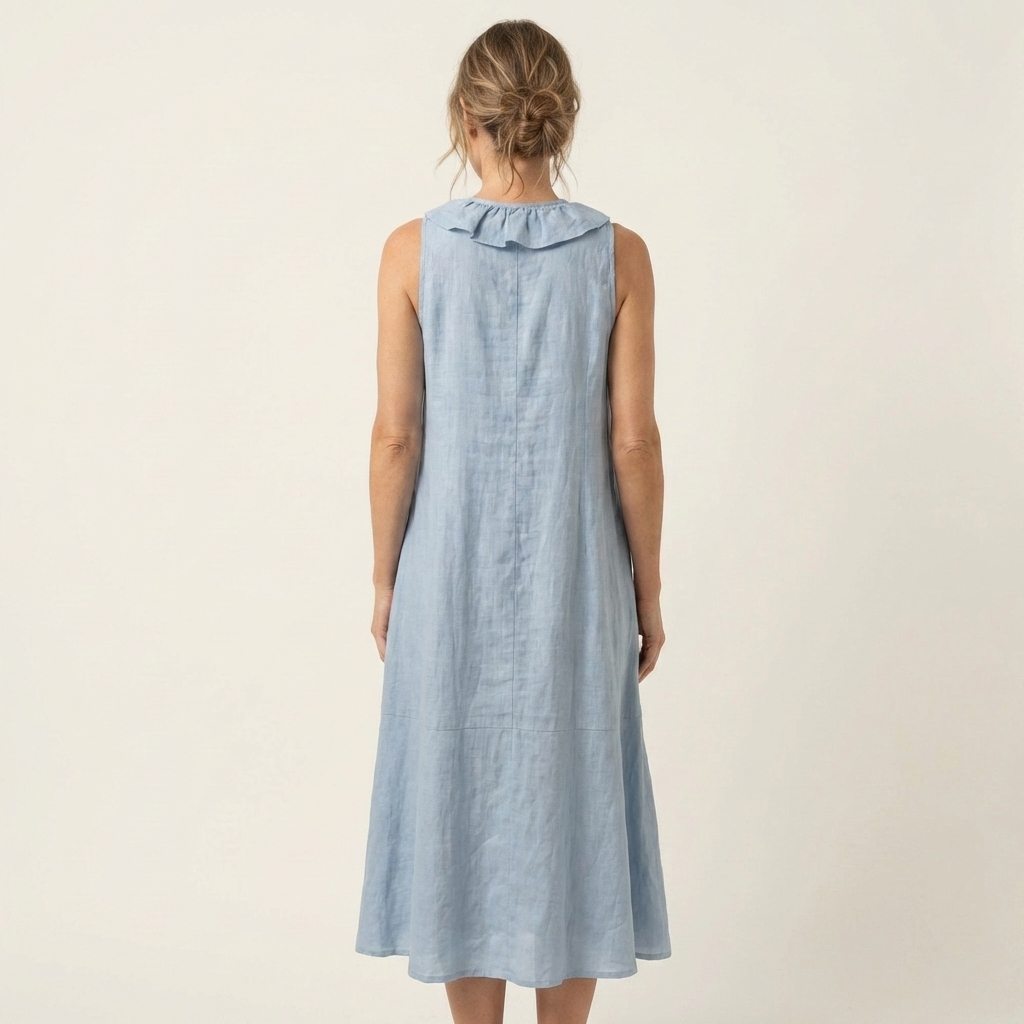 Vicky | Vestito lungo in lino con volant sul davanti, scollo a V, senza maniche