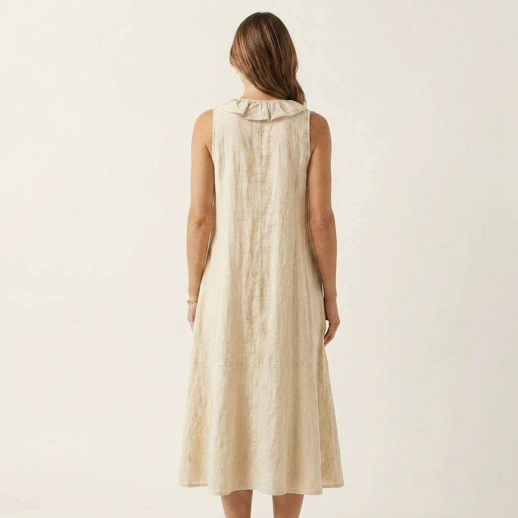 Vicky | Vestito lungo in lino con volant sul davanti, scollo a V, senza maniche