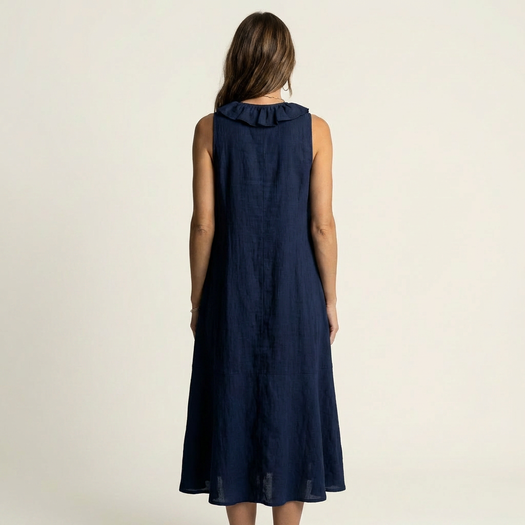 Vicky | Vestito lungo in lino con volant sul davanti, scollo a V, senza maniche