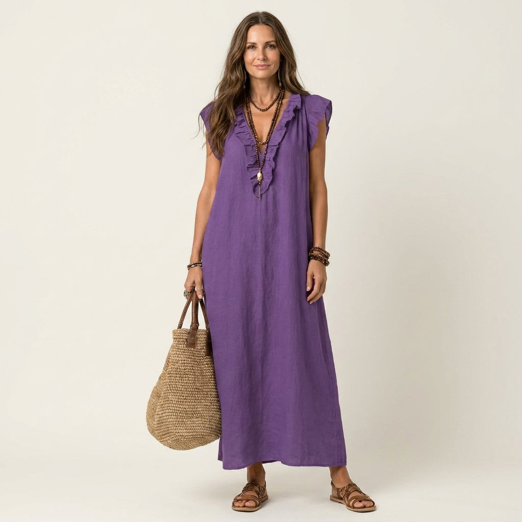 Josette | Vestito lungo in lino con scollo a V e volant