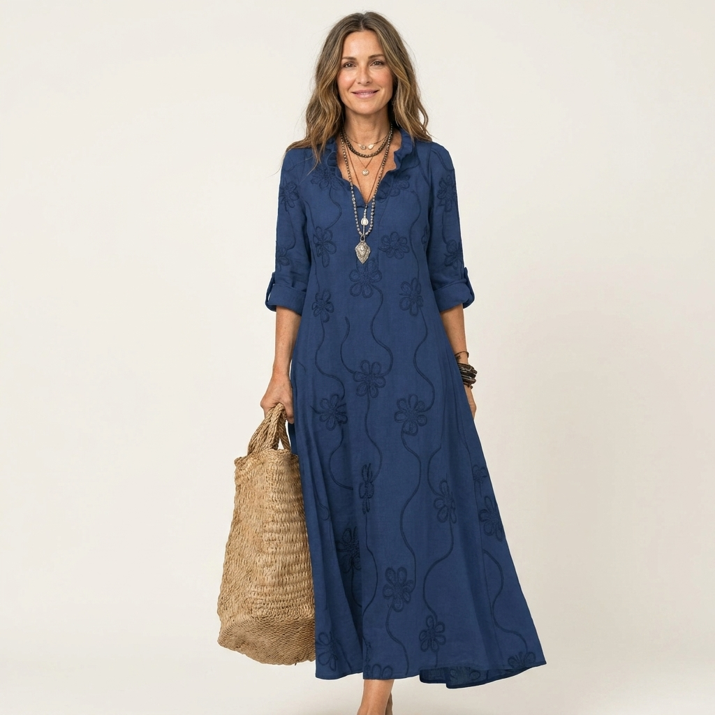 Mariam | Vestito lungo in cotone-lino con ricamo floreale tono su tono