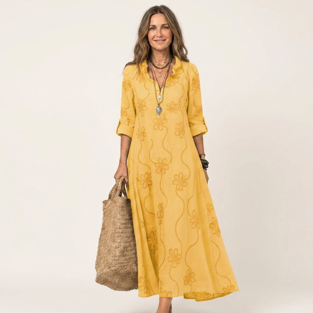 Mariam | Vestito lungo in cotone-lino con ricamo floreale tono su tono