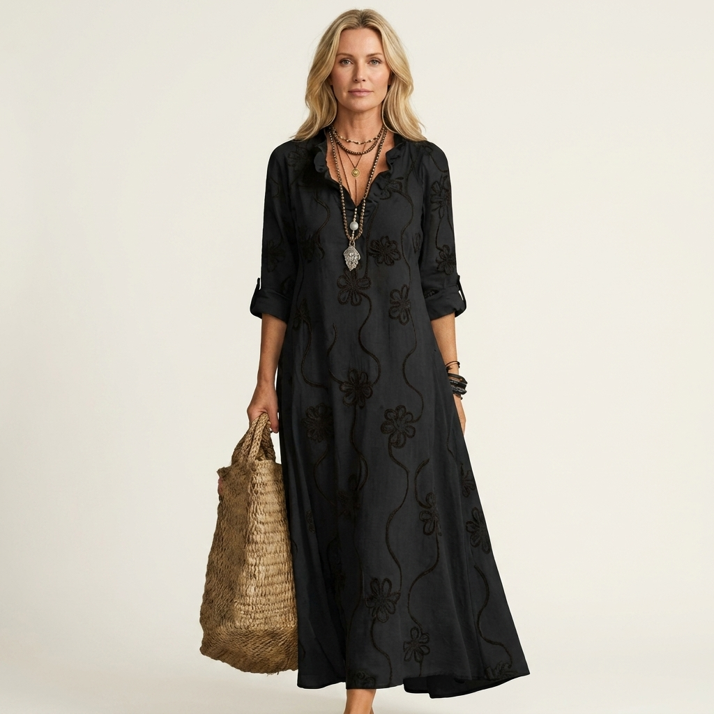 Mariam | Vestito lungo in cotone-lino con ricamo floreale tono su tono
