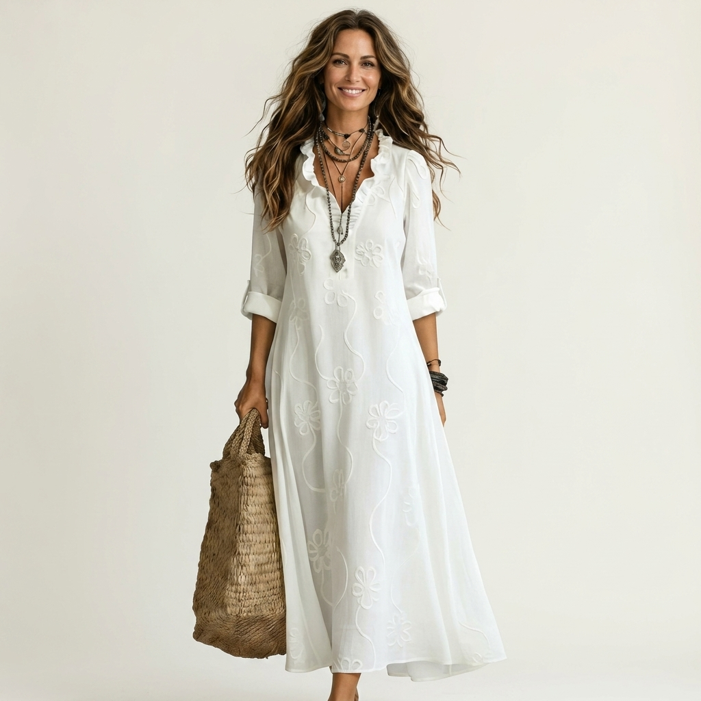 Mariam | Vestito lungo in cotone-lino con ricamo floreale tono su tono