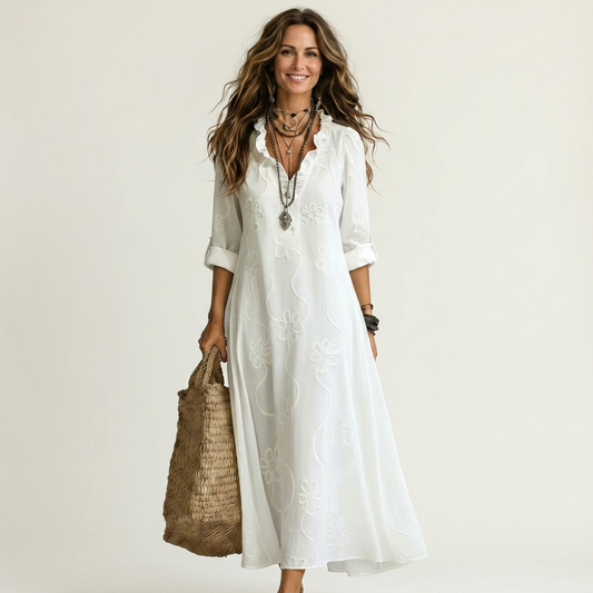 Mariam | Vestito lungo in cotone-lino con ricamo floreale tono su tono
