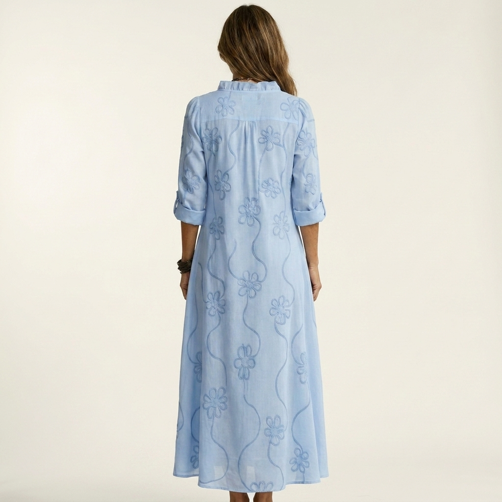 Mariam | Vestito lungo in cotone-lino con ricamo floreale tono su tono