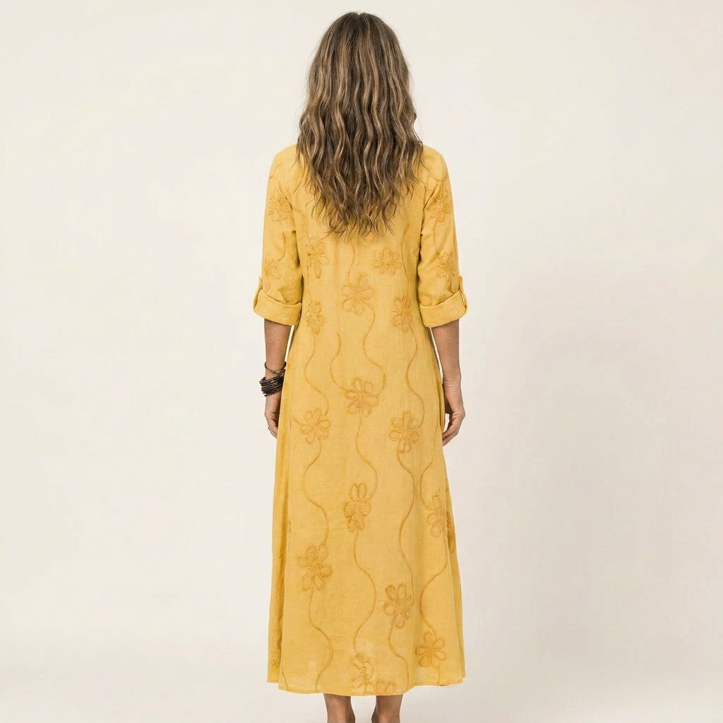 Mariam | Vestito lungo in cotone-lino con ricamo floreale tono su tono