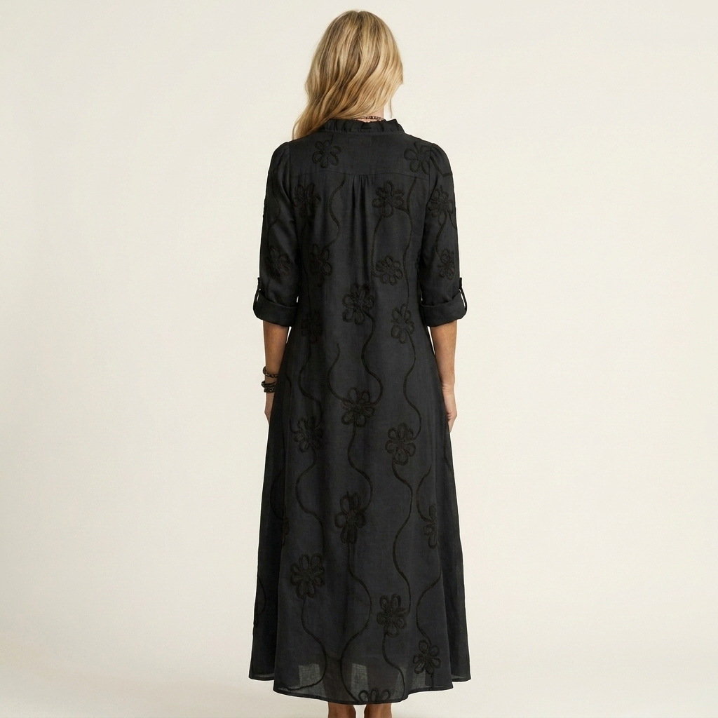 Mariam | Vestito lungo in cotone-lino con ricamo floreale tono su tono