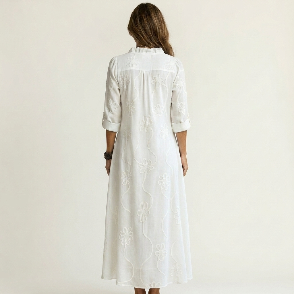 Mariam | Vestito lungo in cotone-lino con ricamo floreale tono su tono