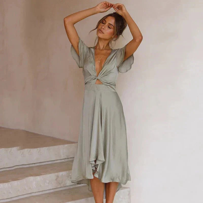 Abito Midi Elegante con Maniche a Farfalla